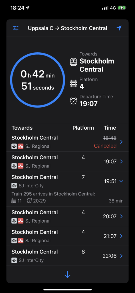 UppsalaからStockholmへのルートの電車の出発カウントダウンとスケジュールを表示するPendlaアプリのインターフェース