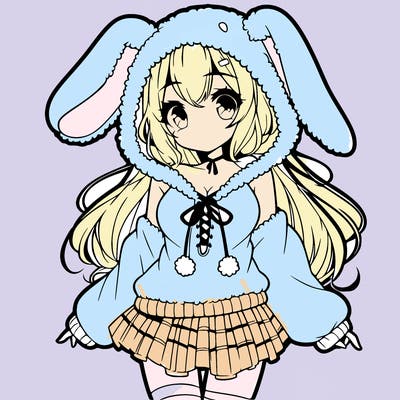 pretty anime girl wearing a fluffy hoodie with bunny ears on the hood and a skirt