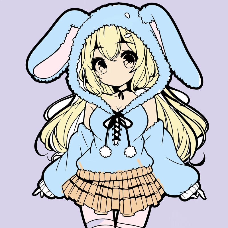 pretty anime girl wearing a fluffy hoodie with bunny ears on the hood and a skirt