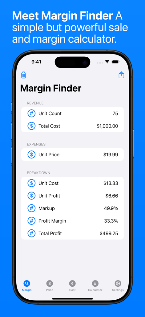 Margin Finder: Sale Calculator - Oberfläche der Margin Finder App, die Gewinnmargen- und Aufschlagsberechnungen für Geschäftsverkäufe anzeigt.