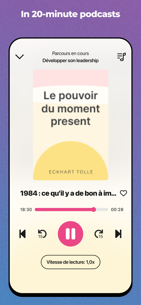 Audio-Player-Oberfläche der Koober App mit einem 20-minütigen Buchzusammenfassungs-Podcast