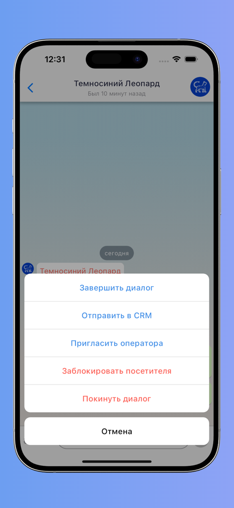 Un'interfaccia di app mobile per la live chat del sito web che mostra un menu con opzioni per gestire la conversazione con il cliente.