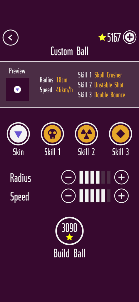 One More Brick - Custom ball editor in One More Brick showing radius speed and skill settings