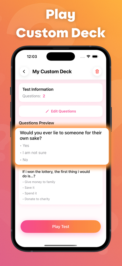 Pantalla de smartphone mostrando el editor de mazos personalizados con preguntas de personalidad en la aplicación "¿Quién me conoce mejor?"