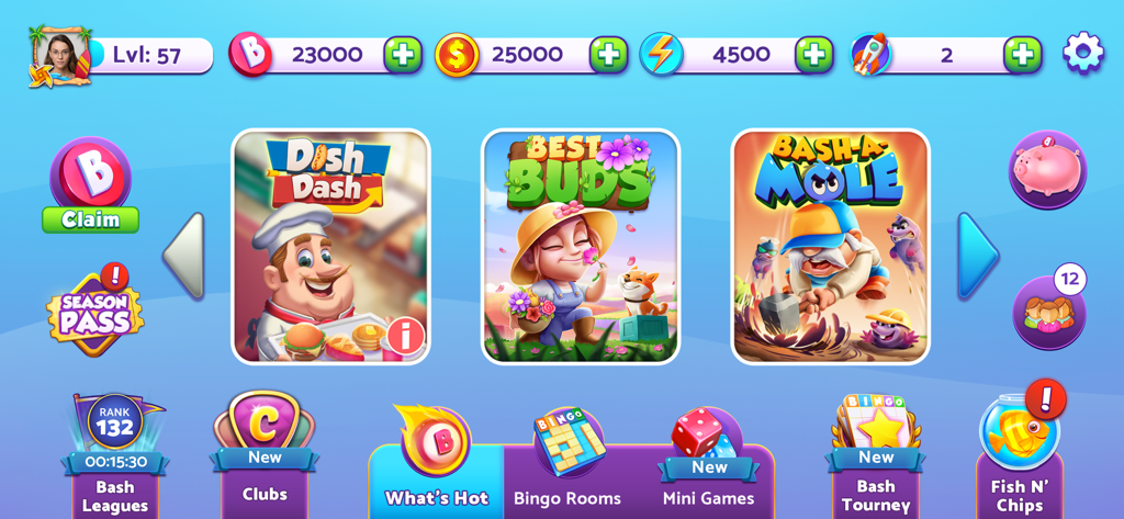 Main menu of Bingo Bash app showing game rooms like Dish Dash and Best Buds with player currency stats
