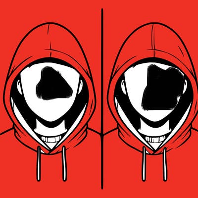 a person with a hoodie and no face, the drawing is split in 2