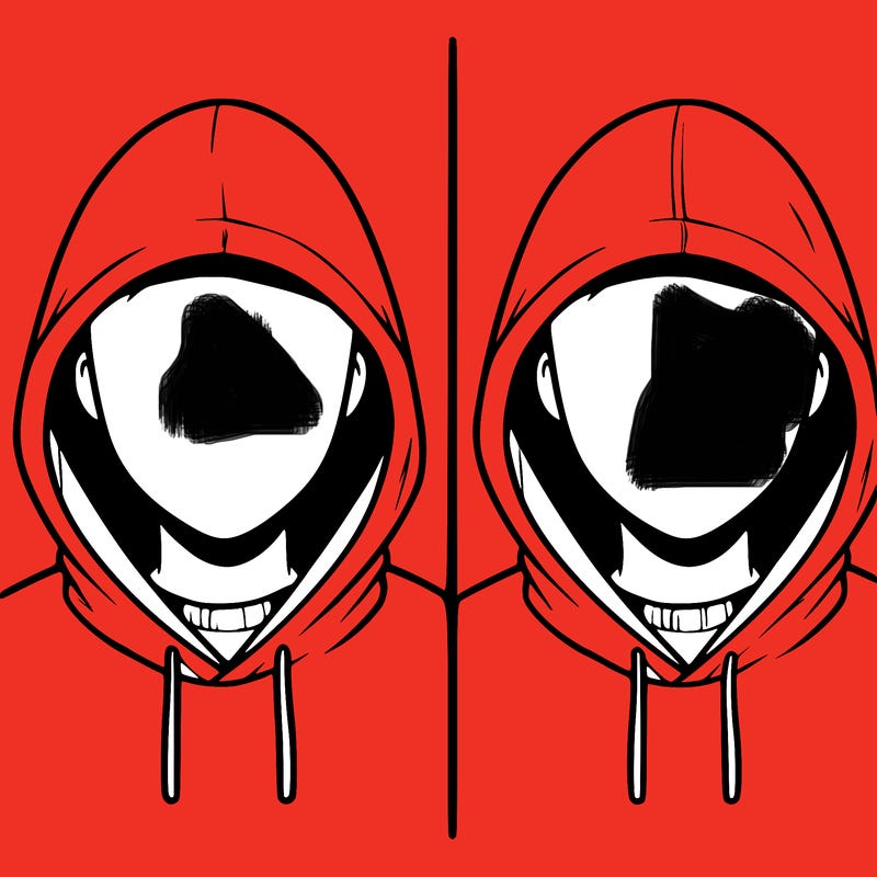 a person with a hoodie and no face, the drawing is split in 2