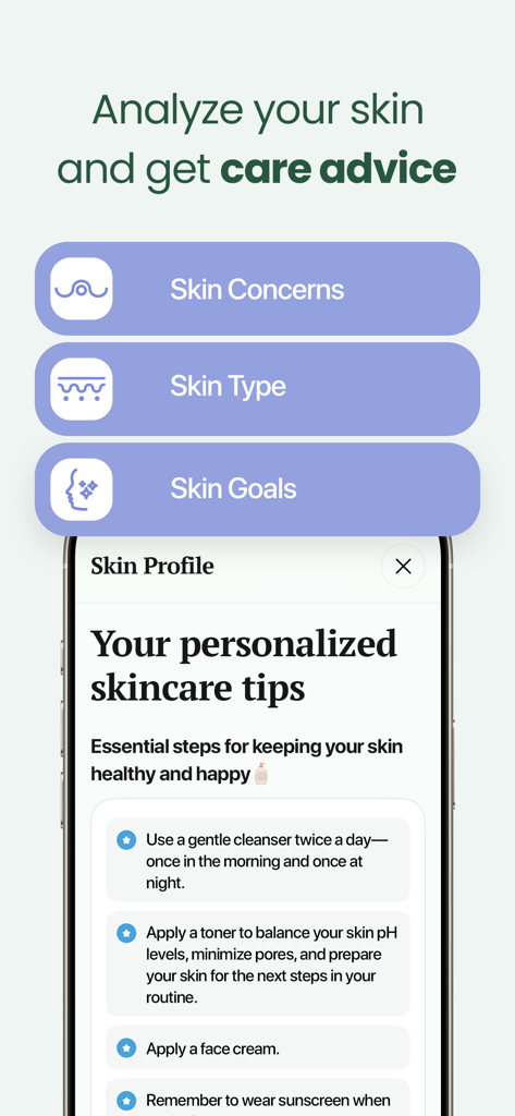 OnSkin app screen showing personalized skincare tips based on skin profile analysis including concerns type and goals