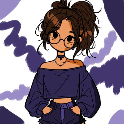 girl with a messy ponytail glasses a baggy crop top and jean shorts