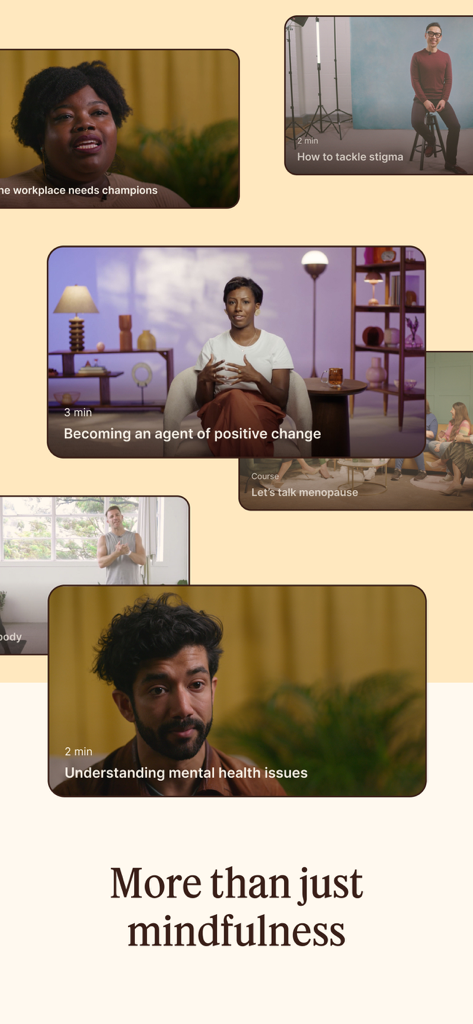 A collage of video thumbnails from the Unmind app showing diverse experts teaching courses on mental health, stigma, and workplace wellbeing.