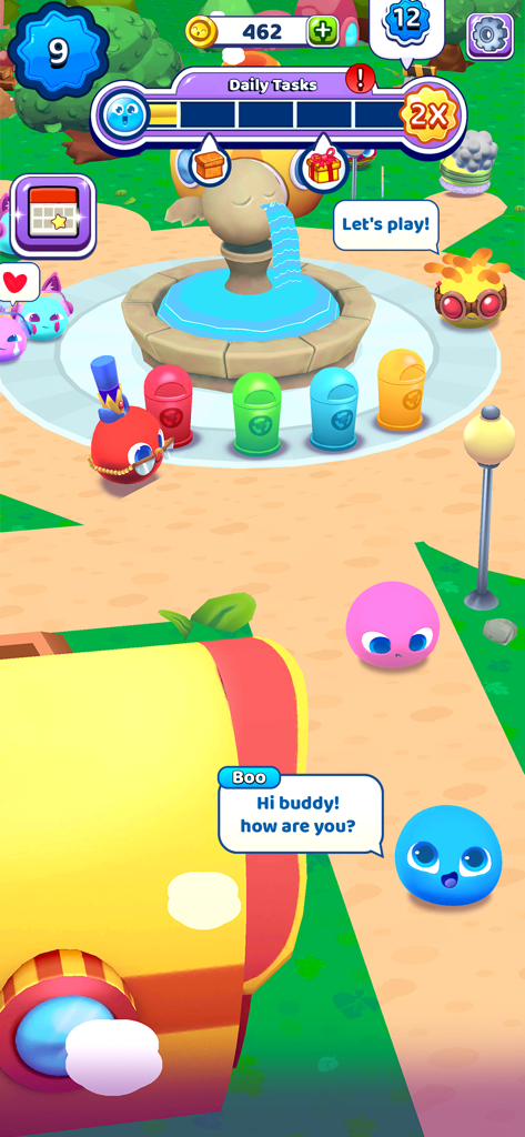My Boo 2: 3D Fluffy Pets Game - La mascota virtual azul Boo saludando a los jugadores en un mundo de parque 3D.
