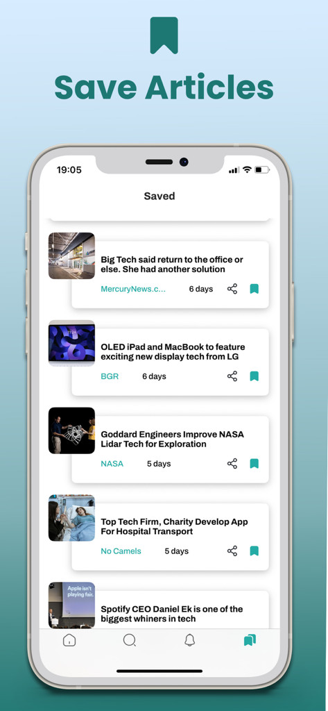 Techfusion News & Reviews - Interfaz de la aplicación Noticias y Reseñas de Techfusion que muestra una lista de artículos guardados para leer más tarde