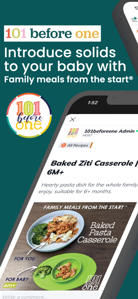 101 before one - 101 before one app interface showing a baked pasta casserole recipe for family and baby