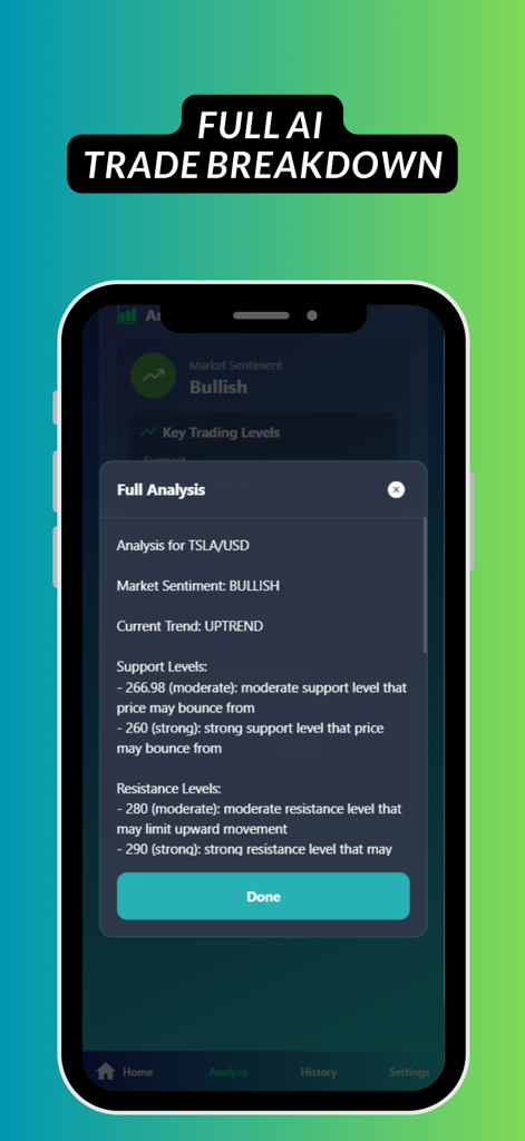 iTrade - AI Trading Assistant - Mobile app screen showing a detailed AI-generated trading analysis for TSLA including market sentiment, trend direction, and support levels.