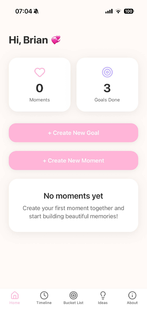 Twyne Moments - The home dashboard of Twyne Moments showing a personalized greeting and buttons to create goals or moments.