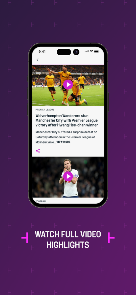 TNT Sports: News & Results - TNT Sports App-Oberfläche zeigt Fußballspielnachrichten und Video-Highlights auf einem Smartphone-Bildschirm.