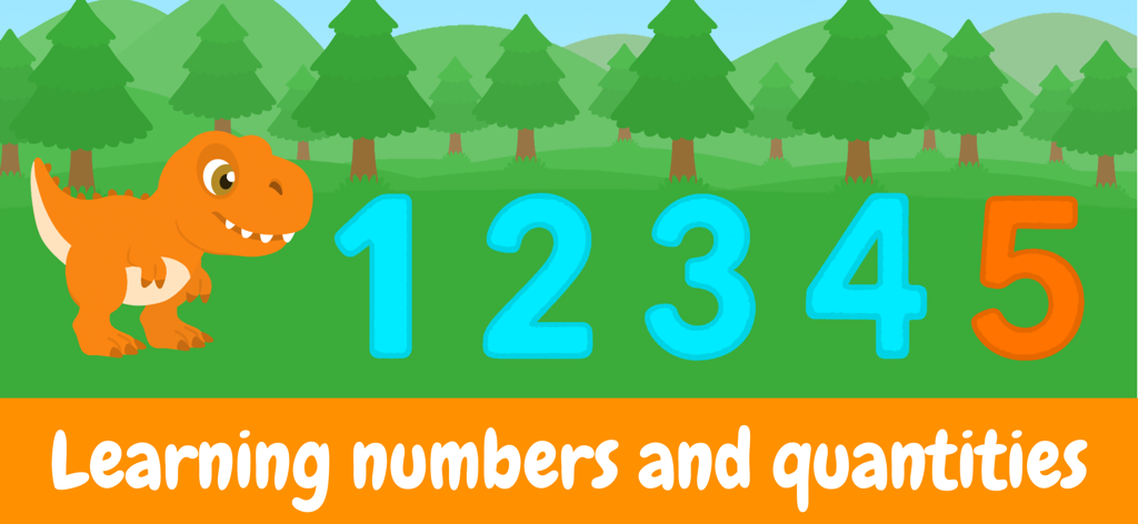 Dino Friends - Toddler Games - Un dinosaurio naranja junto a los números del 1 al 5 en un entorno de juego educativo para niños pequeños.
