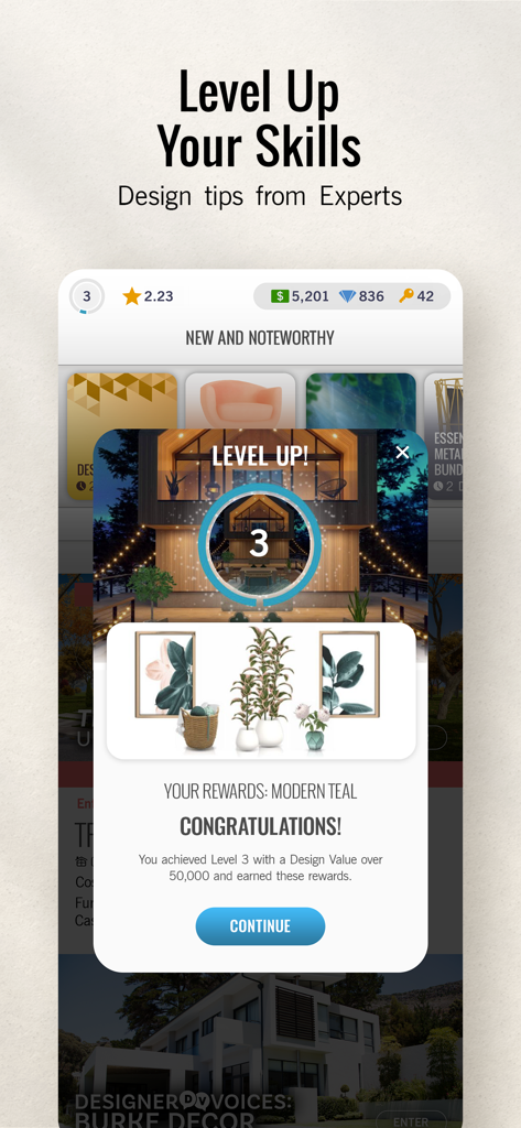 Design Home app level up screen showing level 3 achievement and decor rewards