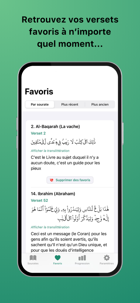 Surah - The favorites screen of the Surah app showing saved Quran verses in Arabic and French.