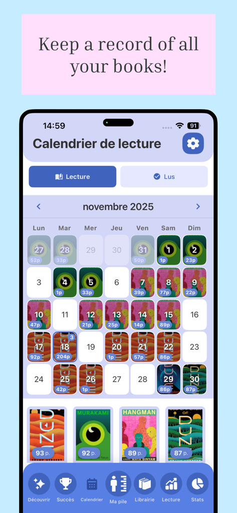 Book Nova app reading calendar showing a monthly visual log of pages read with colorful book cover art