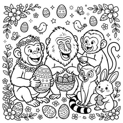Get ready for an adorable Easter adventure with our primate friends! This delightful coloring page features monkeys, a lemur, and even a cute bunny, all gathered to celebrate spring.