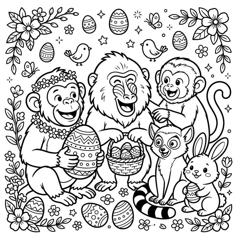 Get ready for an adorable Easter adventure with our primate friends! This delightful coloring page features monkeys, a lemur, and even a cute bunny, all gathered to celebrate spring.