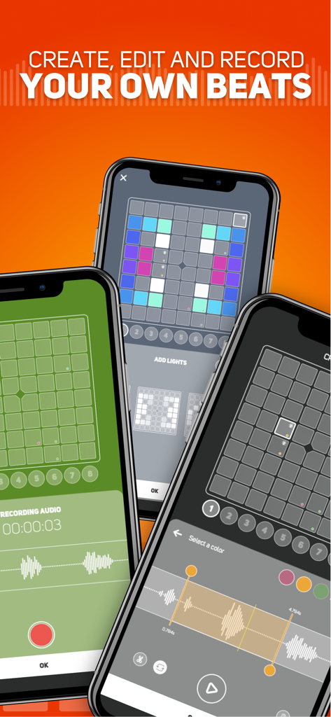 Mobile app interface showing launchpad grid and audio editing tools for creating custom beats