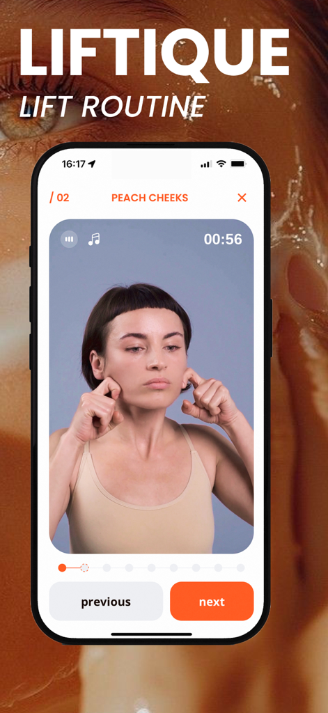Liftique: Face Fitness - A smartphone screen displaying a face yoga tutorial for Peach Cheeks on the Liftique app.