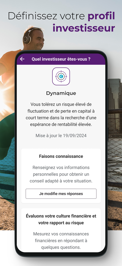 Ein Bildschirm einer mobilen App zur Definition eines Anlegerprofils mit Schwerpunkt auf dynamischer Risikobereitschaft