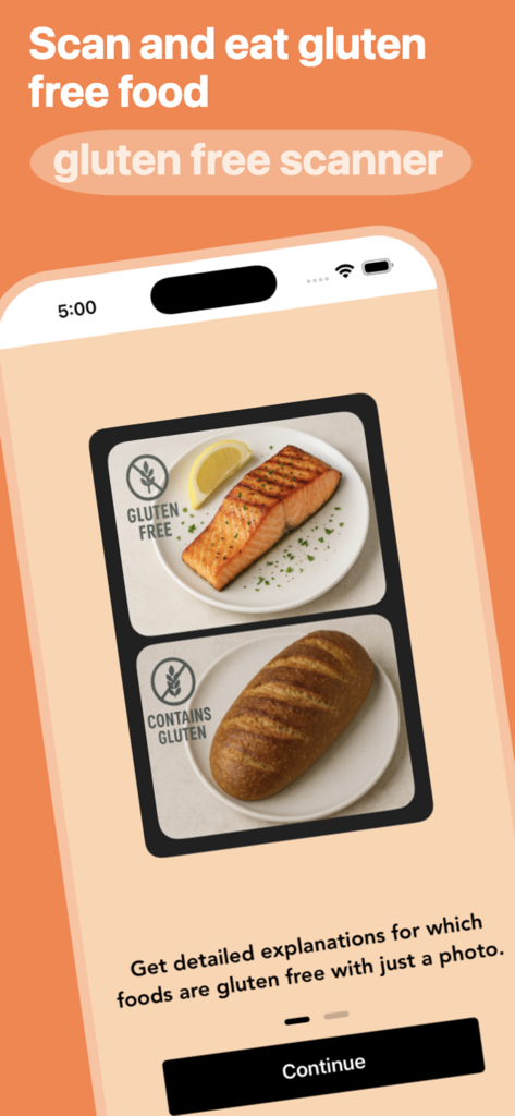 Gluten Free Scanner - GluCheck - GluCheck mobile app interface showing a food scan result for gluten-free salmon and gluten-containing bread