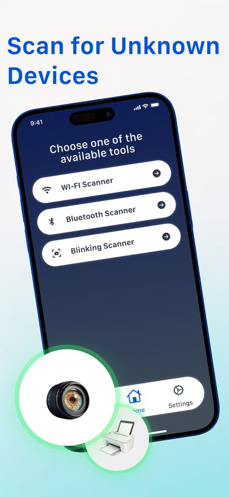 Spy Device Detector - CamOk - Interfaz de la aplicación CamOk mostrando herramientas de escáner parpadeantes de Wi-Fi, Bluetooth y para la detección de dispositivos.