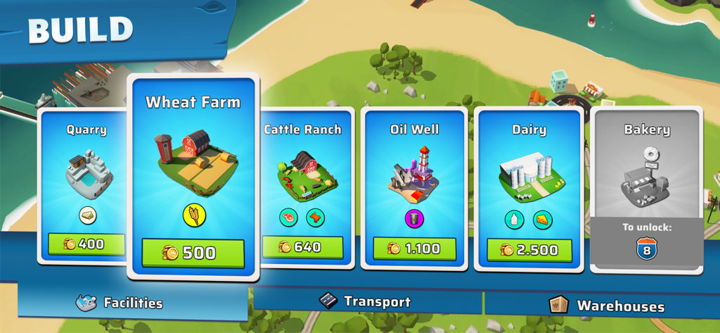 In-game build menu showing unlockable facilities like Wheat Farm, Cattle Ranch, and Oil Well in Transit King Truck Simulator