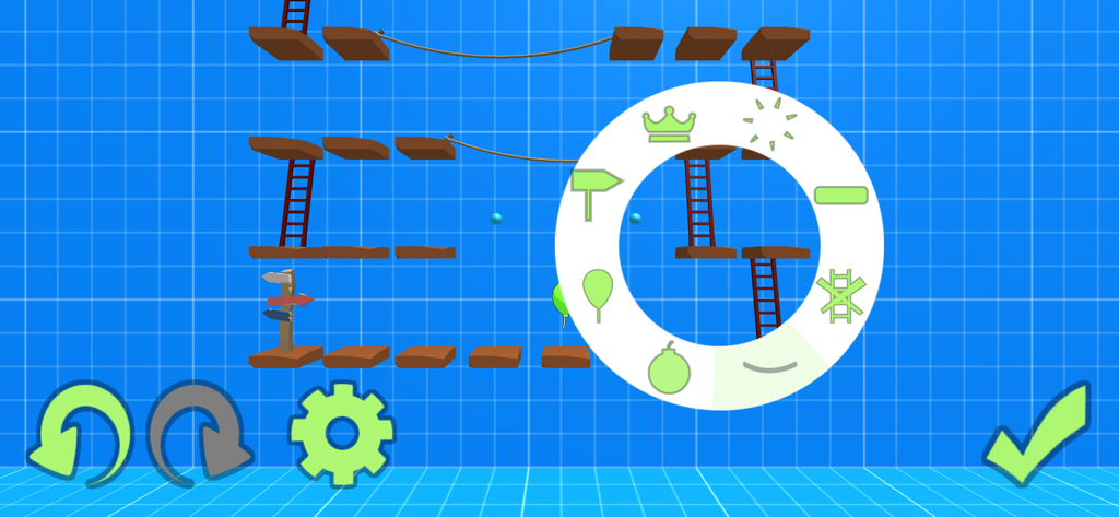 Educational board game interface with platforms, ladders, and a circular selection menu on a blue grid background.