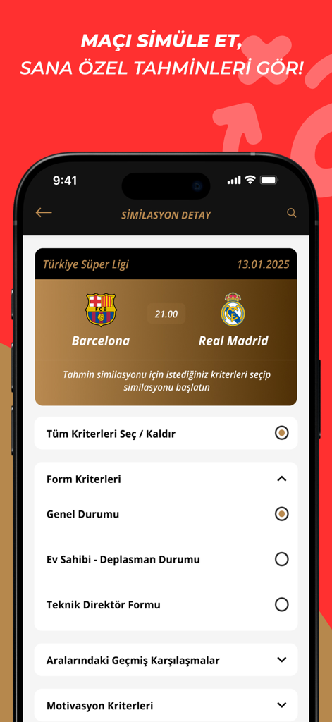Fanatik: Breaking Sport News - Fanatik App-Spielsimulationsbildschirm mit Vorhersagekriterien für ein Spiel zwischen Barcelona und Real Madrid