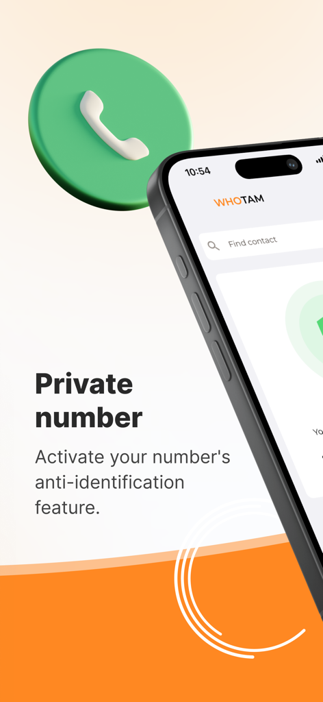 ユーザーのプライバシーのために、アンチIDを有効にするためのプライベート番号機能を展開しているWhoTamアプリのスクリーンショット。