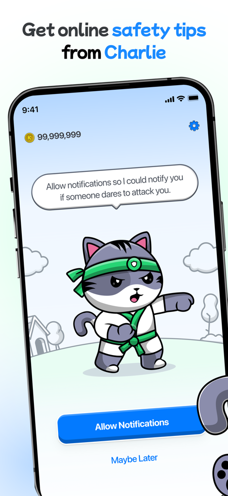 Mobile Shield app notification request screen featuring Charlie the Karate Cat mascot