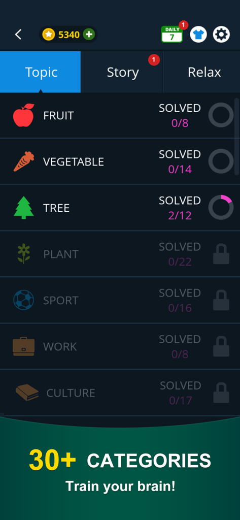 Word Search:Brain Puzzle Game - Menú del juego Sopa de Letras mostrando varios temas de puzles como categorías de Frutas y Verduras