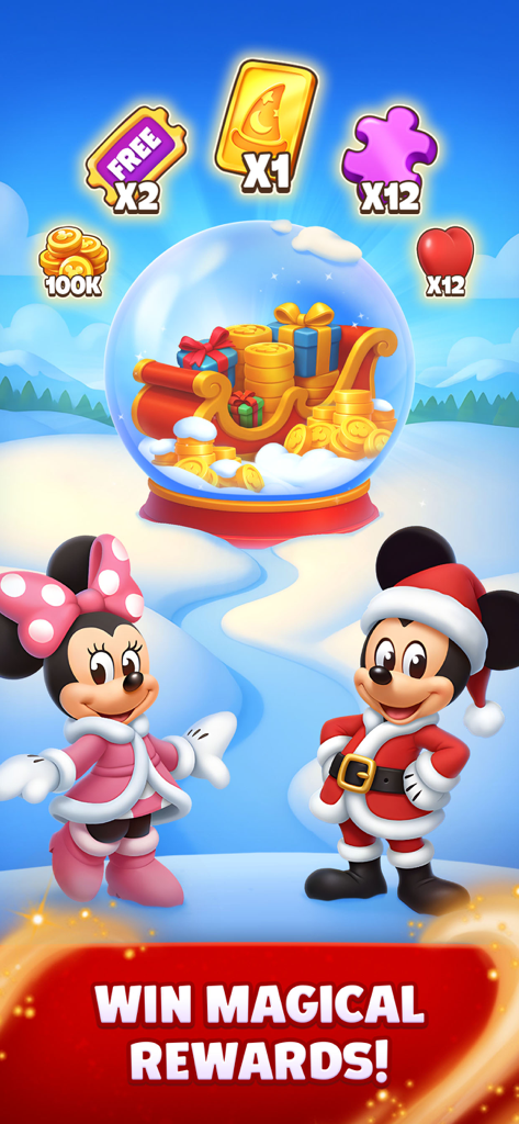 Mickey and Minnie Mouse in winter outfits with a snow globe filled with gold coins and game rewards.