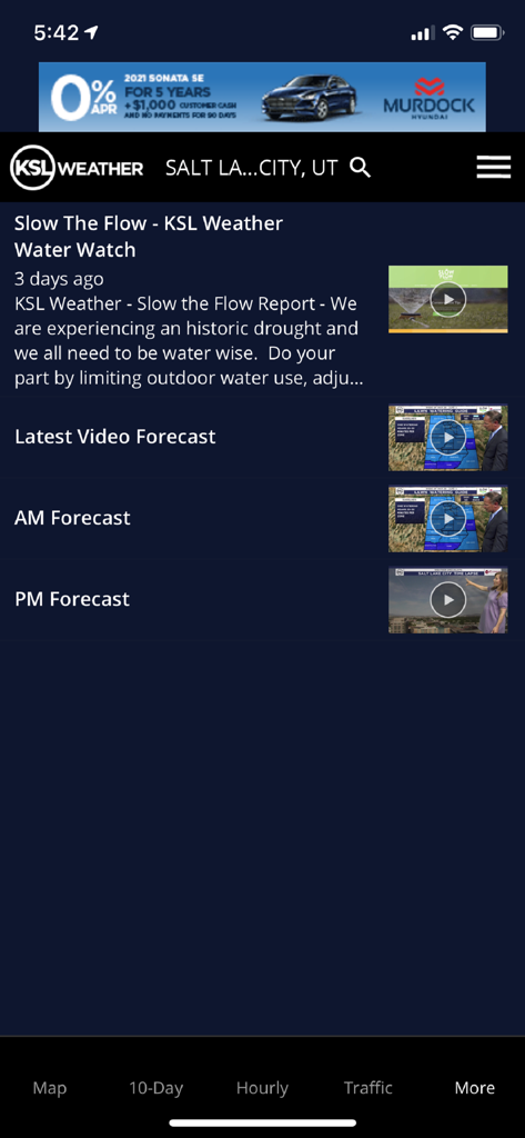 KSL Weather mobile app interface displaying a list of local video forecasts and water watch reports for Salt Lake City