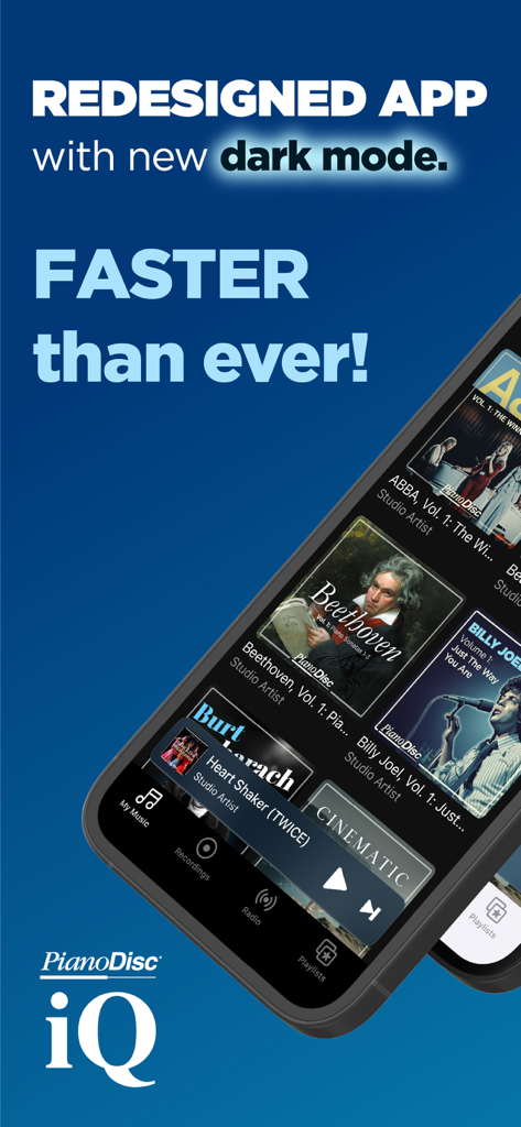 PianoDisc iQ Player app screenshot highlighting its redesigned dark mode and faster interface for luxury player pianos.