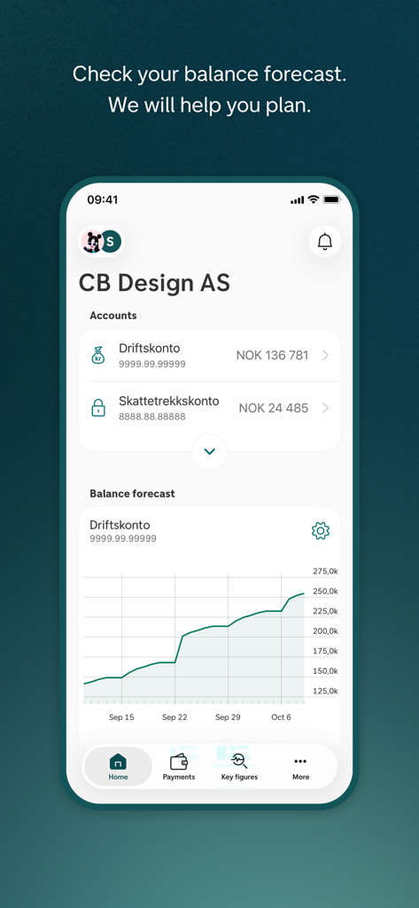 DNB Bedrift mobile app screen showing business account balances and a financial balance forecast graph.