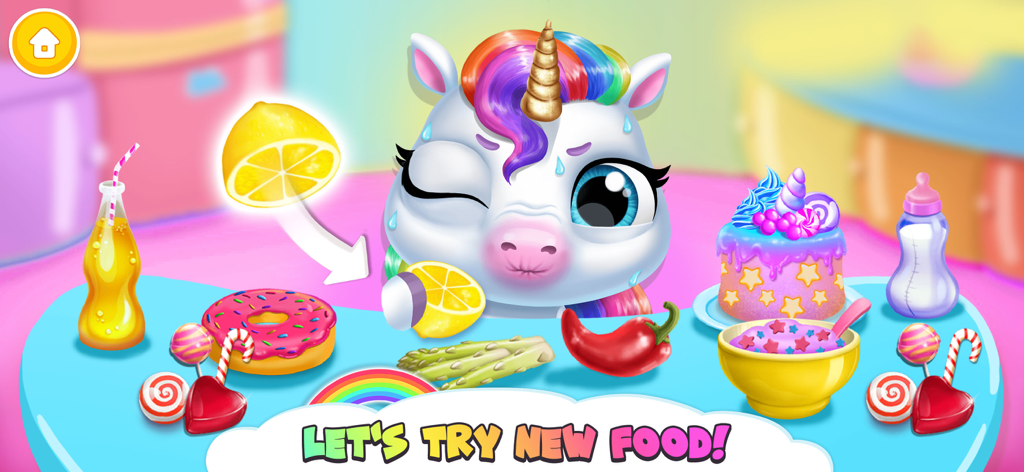 A colorful baby unicorn making a sour face while tasting a lemon among various snacks and treats