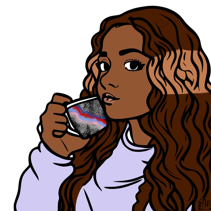 cute girl with long curly hair drinking coffee