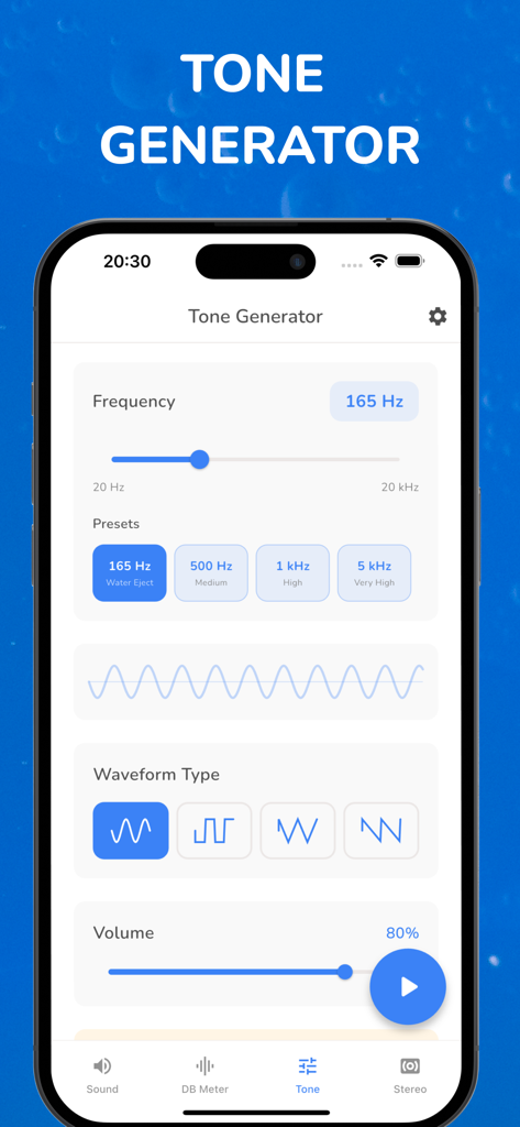 Clean Water: Clear Water Eject - The tone generator interface of the Clean Water app featuring frequency controls and presets for water ejection.