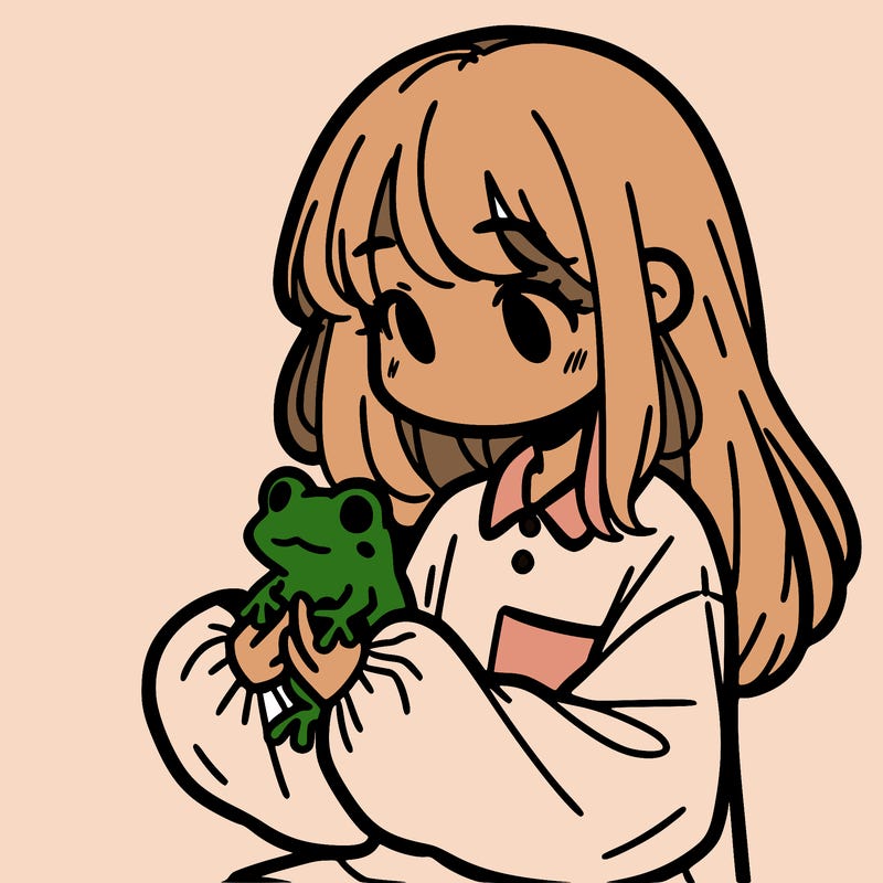 girl with long hair and a oversized shirt. and she is holding a frog