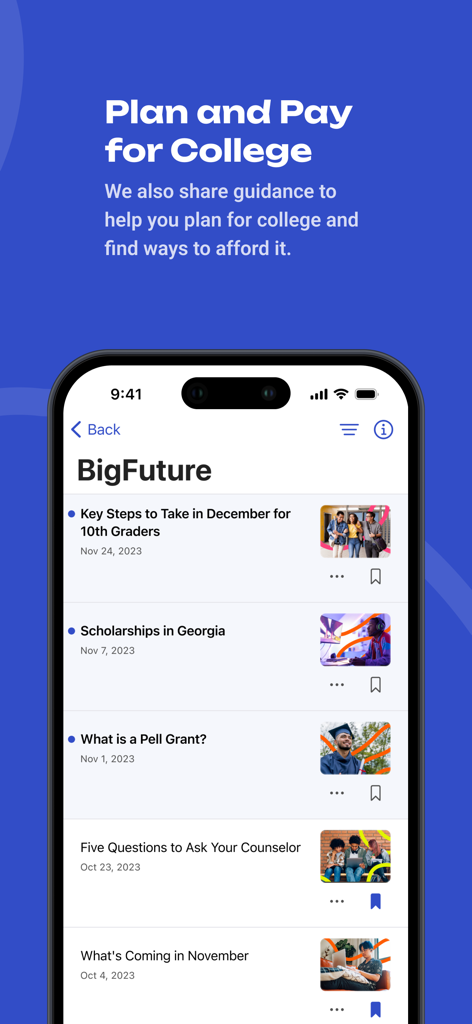 BigFuture School - Una interfaz de aplicación móvil de BigFuture School que muestra artículos sobre planificación universitaria, becas e información de ayuda financiera.