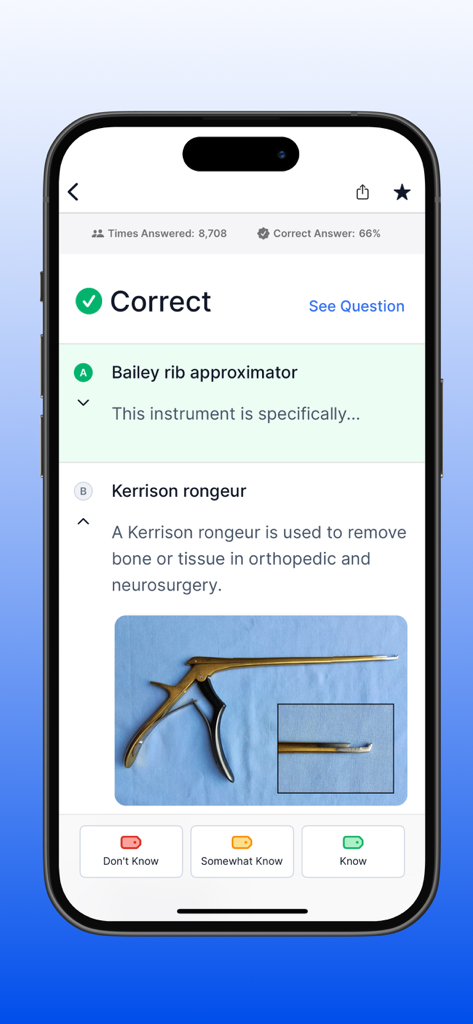 Surgical Technologist Mastery - Un écran de question d'entraînement de l'application Maîtrise du Technicien en Chirurgie identifiant une pince emporte-pièce de Kerrison.