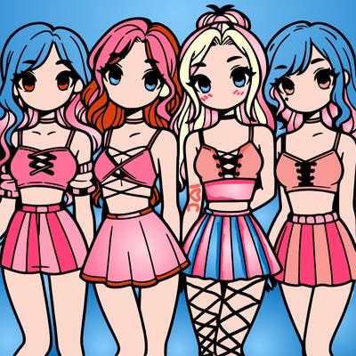 four girls with crop tops and skirts