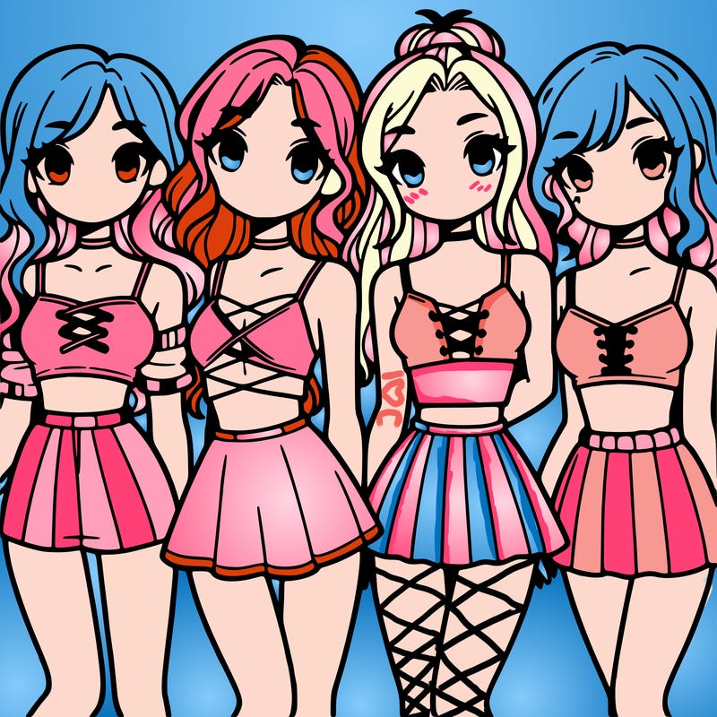 four girls with crop tops and skirts