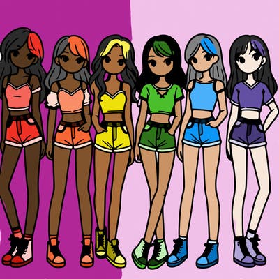 a group of girls wearing crop tops and shorts